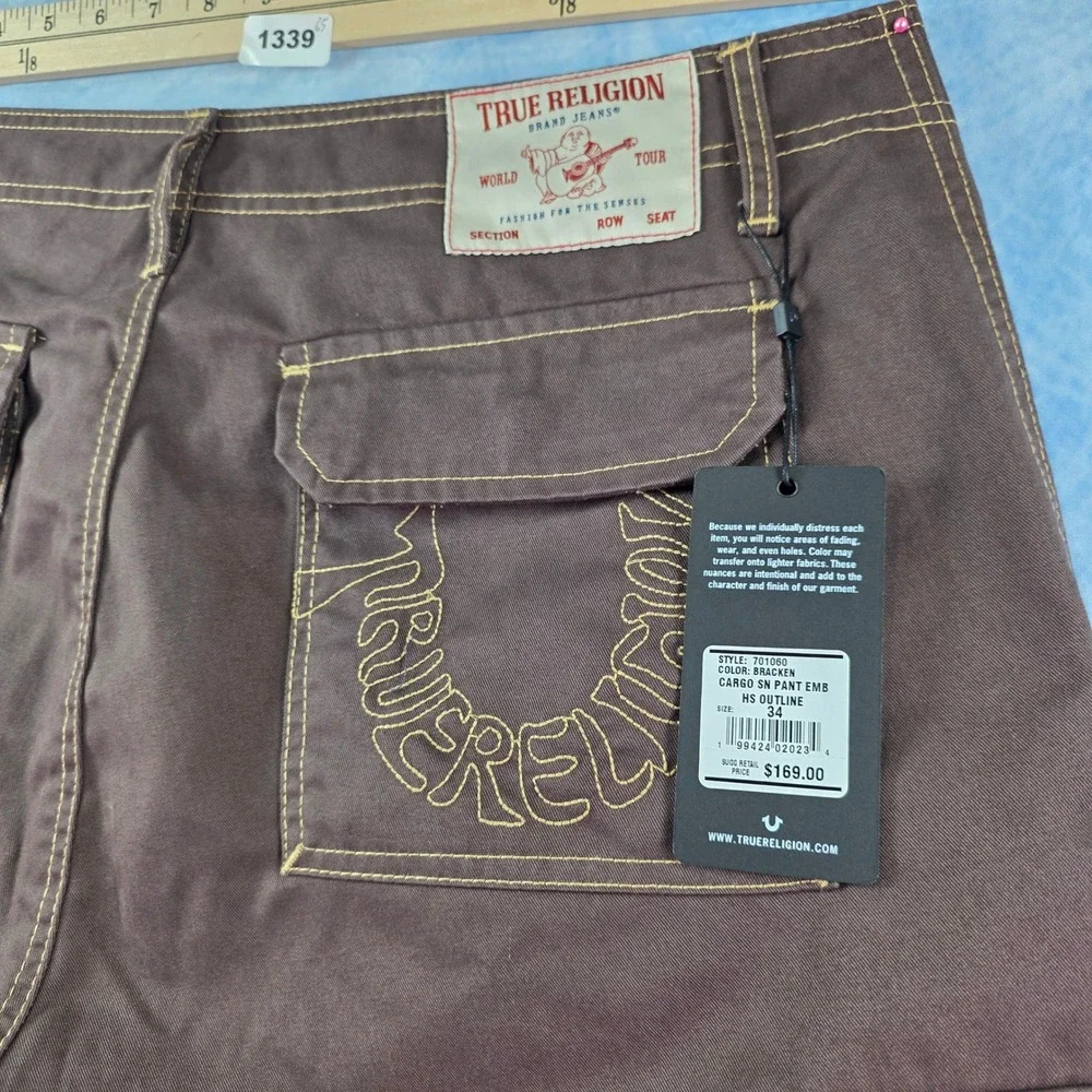 True Religion Mens Cargo Pants Bracken Brown Straight Leg Contras Stitch Size 34